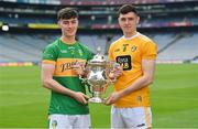 26 May 2022; Mark Diffley of Leitrim, left, and Conor Stewart of Antrim during the Tailteann Cup launch at Croke Park in Dublin. Photo by Ramsey Cardy/Sportsfile