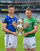 26 May 2022; Mickey Quinn of Longford, left, and Declan McCusker of Fermanagh during the Tailteann Cup launch at Croke Park in Dublin. Photo by Ramsey Cardy/Sportsfile