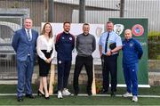 26 May 2022; In attendance, from left, Governor of Operations for Wheatfield Prison Des O'Shea, Assistant Governor of Wheatfield Prison Amanda Sutton, St Patrick's Athletic community director Ger O'Brian, Republic of Ireland U21 manager Jim Crawford, Class 1 Chief offiercer George Finglas and during an FAI/St Patrick's Athletic Prisoner Training Certificates Presentation at Wheatfield Prison in Dublin. Photo by Ben McShane/Sportsfile