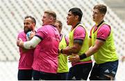 27 May 2022; Leinster players, from left, Jamison Gibson-Park, Tadhg Furlong, Michael Ala'alatoa and Joe McCarthy during the Leinster Rugby Captain's Run at the Stade Velodrome in Marseille, France. Photo by Harry Murphy/Sportsfile