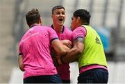 27 May 2022; Jonathan Sexton, centre, with with Caelan Doris and Michael Ala'alatoa during the Leinster Rugby Captain's Run at the Stade Velodrome in Marseille, France. Photo by Harry Murphy/Sportsfile