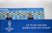 27 May 2022; Head coach Leo Cullen and Jonathan Sexton during the Leinster Rugby Press Conference at the Stade Velodrome in Marseille, France. Photo by Harry Murphy/Sportsfile