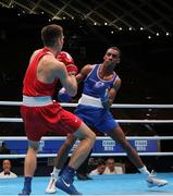 27 May 2022; Gabriel Dossen of Ireland, right, and Mindaugas Gedminas of Norway during their 75kg bout at the EUBC Elite Men's European Boxing Championships Preliminary Rounds at Karen Demirchyan Sports and Concerts Complex in Yerevan, Armenia. Photo by Hrach Khachatryan/Sportsfile