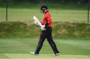 27 May 2022; PJ Moor of Munster Reds walks after being given out during the Cricket Ireland Inter-Provincial Trophy match between Leinster Lightning and Munster Reds at North Down Cricket Club, Comber in Down. Photo by George Tewkesbury/Sportsfile