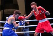 27 May 2022; James Dylan Eagleson of Ireland and Gabriel Mascunano Escobar of Spain, left, during their 54kg bout at the EUBC Elite Men's European Boxing Championships Preliminary Rounds at Karen Demirchyan Sports and Concerts Complex in Yerevan, Armenia. Photo by Hrach Khachatryan/Sportsfile