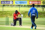 27 May 2022; Gareth Delany of Munster Reds stays kneeled after being bowled by Simi Singh of Leinster Lighting during the Cricket Ireland Inter-Provincial Trophy match between Leinster Lightning and Munster Reds at North Down Cricket Club, Comber in Down. Photo by George Tewkesbury/Sportsfile