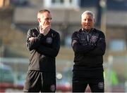 27 May 2022; Bohemians manager Keith Long, right, with first team player development coach Derek Pender before the SSE Airtricity League Premier Division match between Bohemians and Drogheda United at Dalymount Park in Dublin. Photo by Michael P Ryan/Sportsfile