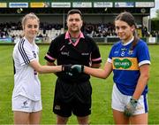 21 May 2022; Referee Justin Murphy with the two captains, Katie Ray of Kildare and Sinéad Lonergan of Tipperary, before the Ladies Football U14 All-Ireland Gold Final match between Kildare and Tipperary at Crettyard GAA in Laois. Photo by Ray McManus/Sportsfile