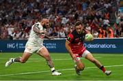 27 May 2022; Baptiste Couilloud of Lyon on his way to scoring his side's first try despite the tackle of Beka Gigashvili of RC Toulon during the Heineken Challenge Cup Final match between Lyon and Toulon at Stade Velodrome in Marseille, France. Photo by Harry Murphy/Sportsfile