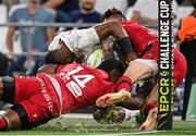 27 May 2022; Jiuta Naqoli Wainiqolo of RC Toulon is tackled into touch by Josua Tuisova, left, and Toby Arnold of Lyon during the Heineken Challenge Cup Final match between Lyon and Toulon at Stade Velodrome in Marseille, France. Photo by Ramsey Cardy/Sportsfile