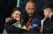 27 May 2022; Former Republic of Ireland footballer Paul McGrath poses for a picture with a Shamrock Rovers supporter during the SSE Airtricity League Premier Division match between Shamrock Rovers and Shelbourne at Tallaght Stadium in Dublin. Photo by Eóin Noonan/Sportsfile