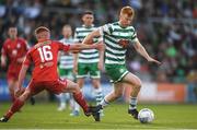 27 May 2022; Rory Gaffney of Shamrock Rovers in action against Aodh Dervin of Shelbourne during the SSE Airtricity League Premier Division match between Shamrock Rovers and Shelbourne at Tallaght Stadium in Dublin. Photo by Eóin Noonan/Sportsfile