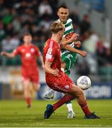27 May 2022; Graham Burke of Shamrock Rovers has a shot on goal blocked by Aaron O’Driscoll of Shelbourne during the SSE Airtricity League Premier Division match between Shamrock Rovers and Shelbourne at Tallaght Stadium in Dublin. Photo by Eóin Noonan/Sportsfile