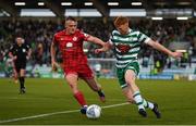 27 May 2022; Rory Gaffney of Shamrock Rovers in action against Jonathan Lunney of Shelbourne during the SSE Airtricity League Premier Division match between Shamrock Rovers and Shelbourne at Tallaght Stadium in Dublin. Photo by Eóin Noonan/Sportsfile
