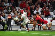 27 May 2022; Cheslin Kolbe of RC Toulon on his way to scoring his side's second try despite the tackle of Baptiste Couilloud of Lyon during the Heineken Challenge Cup Final match between Lyon and Toulon at Stade Velodrome in Marseille, France. Photo by Harry Murphy/Sportsfile