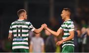 27 May 2022; Graham Burke of Shamrock Rovers with teammate Sean Kavanagh after the SSE Airtricity League Premier Division match between Shamrock Rovers and Shelbourne at Tallaght Stadium in Dublin. Photo by Eóin Noonan/Sportsfile