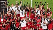 27 May 2022; Lyon captain Jordan Taufua lifts the trophy after the Heineken Challenge Cup Final match between Lyon and Toulon at Stade Velodrome in Marseille, France. Photo by Ramsey Cardy/Sportsfile