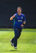 28 May 2022; Ryan Macbeth of North West Warriors celebrates as he takes his sides second wicket of the game during the Cricket Ireland Inter-Provincial Trophy match between North West Warriors and Leinster Lightning at North Down Cricket Club in Comber, Down. Photo by George Tewkesbury/Sportsfile