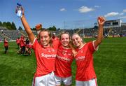 28 May 2022; Sarah Leahy, Emma Cleary and Laura O'Mahony of Cork celebrate after the TG4 Munster Senior Ladies Football Championship Final match between Kerry and Cork at Fitzgerald Stadium in Killarney. Photo by Diarmuid Greene/Sportsfile
