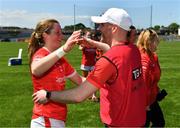 28 May 2022; Roisin Phelan of Cork celebrates with Cork manager Shane Ronayne after the TG4 Munster Senior Ladies Football Championship Final match between Kerry and Cork at Fitzgerald Stadium in Killarney. Photo by Diarmuid Greene/Sportsfile