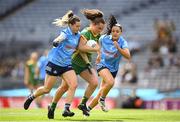 28 May 2022; Emma Duggan of Meath in action against Martha Byrne, left, and Sinéad Goldrick of Dublin during the Leinster LGFA Senior Football Championship Final match beween Meath and Dublin at Croke Park in Dublin. Photo by Stephen McCarthy/Sportsfile