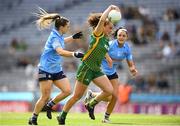 28 May 2022; Emma Duggan of Meath in action against Martha Byrne, left, and Sinéad Goldrick of Dublin during the Leinster LGFA Senior Football Championship Final match beween Meath and Dublin at Croke Park in Dublin. Photo by Stephen McCarthy/Sportsfile