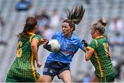 28 May 2022; Lyndsey Davey of Dublin in action against Meath players Emma Troy, left, and Megan Thynne during the Leinster LGFA Senior Football Championship Final match beween Meath and Dublin at Croke Park in Dublin. Photo by Piaras Ó Mídheach/Sportsfile