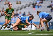 28 May 2022; Leah Caffrey of Dublin in action against Megan Thynne of Meath during the Leinster LGFA Senior Football Championship Final match between Meath and Dublin at Croke Park in Dublin. Photo by Piaras Ó Mídheach/Sportsfile