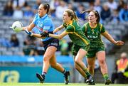 28 May 2022; Niamh Hetherton of Dublin in action against Mary Kate Lynch and Shauna Ennis, right, of Meath during the Leinster LGFA Senior Football Championship Final match between Meath and Dublin at Croke Park in Dublin. Photo by Stephen McCarthy/Sportsfile