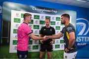 28 May 2022; Referee Wayne Barnes with Leinster captain Jonathan Sexton, left, and La Rochelle captain Grégory Alldritt before the Heineken Champions Cup Final match between Leinster and La Rochelle at Stade Velodrome in Marseille, France. Photo by Harry Murphy/Sportsfile