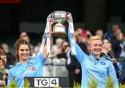 28 May 2022; Dublin's Niamh Collins and Carla Rowe lift the Mary Ramsbottom Cup after the Leinster LGFA Senior Football Championship Final match between Meath and Dublin at Croke Park in Dublin. Photo by Stephen McCarthy/Sportsfile