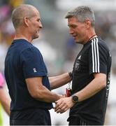 28 May 2022; La Rochelle head coach Ronan O'Gara, right, and Leinster senior coach Stuart Lancaster before the Heineken Champions Cup Final match between Leinster and La Rochelle at Stade Velodrome in Marseille, France. Photo by Harry Murphy/Sportsfile