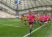 28 May 2022; Jonathan Sexton of Leinster leads his side in the warm-up before the Heineken Champions Cup Final match between Leinster and La Rochelle at Stade Velodrome in Marseille, France. Photo by Harry Murphy/Sportsfile