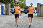 28 May 2022; Longford captain Michael Quinn, left, and vice captain Darren Gallagher arrive before the Tailteann Cup Round 1 match between Longford and Fermanagh at Glennon Brothers Pearse Park in Longford. Photo by Sam Barnes/Sportsfile