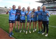 28 May 2022; Dublin players, from left, Hannah Tyrrell, Ciara Trant, Sinéad Aherne, Nicole Owens, Sinéad Goldrick, Leah Caffrey and Carla Rowe celebrate with the Mary Ramsbottom Cup after the Leinster LGFA Senior Football Championship Final match between Meath and Dublin at Croke Park in Dublin. Photo by Stephen McCarthy/Sportsfile