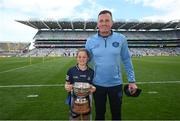 28 May 2022; Dublin manager Mick Bohan and daughter Freya celebrate with the Mary Ramsbottom Cup after the Leinster LGFA Senior Football Championship Final match between Meath and Dublin at Croke Park in Dublin. Photo by Stephen McCarthy/Sportsfile