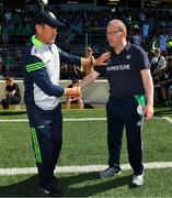 28 May 2022; Kerry manager Jack O'Connor and Limerick manager Billy Lee exchange a handshake after the Munster GAA Football Senior Championship Final match between Kerry and Limerick at Fitzgerald Stadium in Killarney. Photo by Diarmuid Greene/Sportsfile