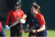 28 May 2022;Josh Manly of Northern Knights celebatres as he takes his sides first wicket during the Cricket Ireland Inter-Provincial Trophy match between Munster Reds and Northern Knights at North Down Cricket Club in Comber, Down. Photo by George Tewkesbury/Sportsfile