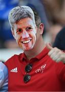 28 May 2022; A Munster supporter wears a mask depicting La Rochelle head coach Ronan O'Gara during the Heineken Champions Cup Final match between Leinster and La Rochelle at Stade Velodrome in Marseille, France. Photo by Ramsey Cardy/Sportsfile