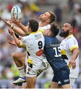 28 May 2022; Thomas Berjon, left, and Wiaan Liebenberg of La Rochelle contest a high ball against Hugo Keenan of Leinster during the Heineken Champions Cup Final match between Leinster and La Rochelle at Stade Velodrome in Marseille, France. Photo by Ramsey Cardy/Sportsfile