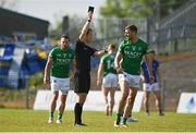 28 May 2022; Conall Jones of Fermanagh is shown a black card by referee Jerome Henry during the Tailteann Cup Round 1 match between Longford and Fermanagh at Glennon Brothers Pearse Park in Longford. Photo by Sam Barnes/Sportsfile
