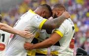 28 May 2022; Uini Atonio of La Rochelle celebrates a try with teammate Jonathan Danty, right, during the Heineken Champions Cup Final match between Leinster and La Rochelle at Stade Velodrome in Marseille, France. Photo by Julien Poupart/Sportsfile