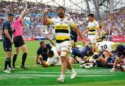 28 May 2022; Grégory Alldritt of La Rochelle celebrates a try during the Heineken Champions Cup Final match between Leinster and La Rochelle at Stade Velodrome in Marseille, France. Photo by Julien Poupart/Sportsfile