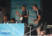 28 May 2022; La Rochelle head coach Ronan O'Gara, left, and coach Donnacha Ryan react during the Heineken Champions Cup Final match between Leinster and La Rochelle at Stade Velodrome in Marseille, France. Photo by Ramsey Cardy/Sportsfile