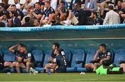 28 May 2022; Leinster players, from left, Tadhg Furlong, Andrew Porter, Caelan Doris, Jamison Gibson-Park and Jonathan Sexton react during the Heineken Champions Cup Final match between Leinster and La Rochelle at Stade Velodrome in Marseille, France. Photo by Ramsey Cardy/Sportsfile