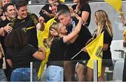 28 May 2022; La Rochelle head coach Ronan O'Gara celebrates with his wife Jessica after his side's victory in the Heineken Champions Cup Final match between Leinster and La Rochelle at Stade Velodrome in Marseille, France. Photo by Ramsey Cardy/Sportsfile