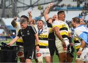 28 May 2022; La Rochelle head coach Ronan O'Gara is soaked by his players during an interview with BT Sport after the Heineken Champions Cup Final match between Leinster and La Rochelle at Stade Velodrome in Marseille, France. Photo by Harry Murphy/Sportsfile