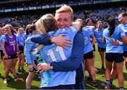 28 May 2022; Dublin players Caoimhe O'Connor, 11, and Carla Rowe celebrate after their side's victory in the Leinster LGFA Senior Football Championship Final match between Meath and Dublin at Croke Park in Dublin. Photo by Piaras Ó Mídheach/Sportsfile