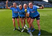 28 May 2022; Dublin players, from left, Jessica Tobin, Sinéad Goldrick, Kate McDaid and Hannah Tyrrell celebrate after their side's victory in the Leinster LGFA Senior Football Championship Final match between Meath and Dublin at Croke Park in Dublin. Photo by Piaras Ó Mídheach/Sportsfile