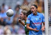 28 May 2022; Sinéad Goldrick of Dublin reacts as Orlagh Lally of Meath celebrates after scoring her side's first goal during the Leinster LGFA Senior Football Championship Final match between Meath and Dublin at Croke Park in Dublin. Photo by Piaras Ó Mídheach/Sportsfile